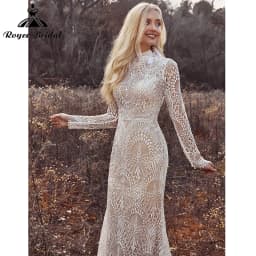 Mermaid Boho Beach Wedding Dresses with Back Buttons Lace High Neck Floral Print Long Sleeve Vestidos De Novia Customized 2025