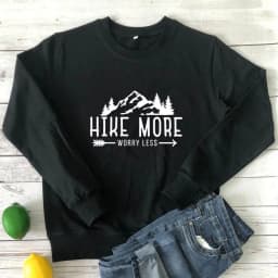 Hike More Worry Less Sweatshirt Casual Unisex Camping Pullovers Funny Women Graphic Outdoors Wanderlust Sweatshirts