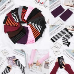 1 Pair Striped Soft Mitten Knitted Elbow Gloves Long Glove Fingerless Cotton Classic Wristband Arm Cover Sleeve For Women Girls