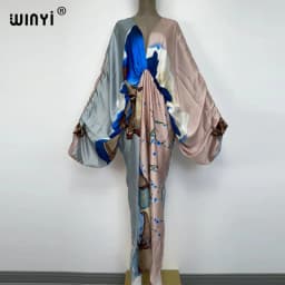Sexy Beach High-Quality Hand-Rolled Feel Silk Rayon Fashion Print 2021 WINYI Maxi Women's Robes Long Beach V-Neck Bohemian Dress