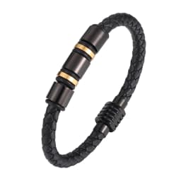 Simple Charm Braided Leather Stainless Steel Black Beaded Single Layer Chakra Bracelet Men's Couple Jewelry Gift