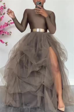 Women Tutu Long Skirt Front Split Layered Tulle Maxi Puffy Skirts Floor Length Wedding Night Out Party Club Clothes