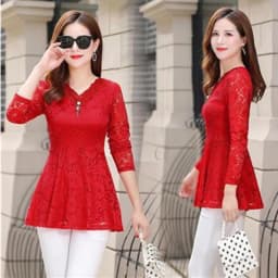 UHYTGF Womens Blouse Hollow Lace V-Neck Pullover Solid Wild Summer Shirt Elegant Female Clothing Chiffon 5XL Big Size Tops 2085