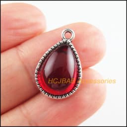 10Pcs Tibetan Silver Tone & Gold Color Teardrop Flower Red Glaze Charms Pendants 13x19.5mm