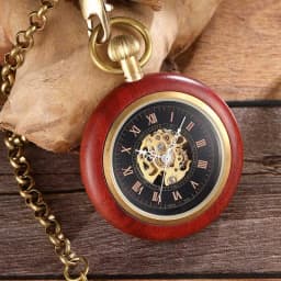 Square Wooden Mechanical Pocket Watch Chains Luxury Red Wooden Hand Winding Skeleton Fob Watches Men Women Clock Gifts Reloj