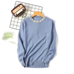 Chic Beaded O-neck Knitted Tshirts Women Spring Casual Slim Knitwear Jumper Tops Korean Long Sleeve Malhas Tee New Thin Sweater