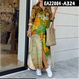 3D Cross-Border Women's Long Dresse Lapel Shirt World Map Pattern Printing Fashion Plus Size Maxi Dress Vestidos Womens Clothing