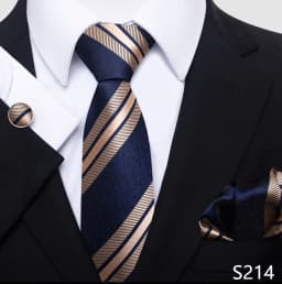 Newest Style Holiday Present 100% Silk Tie Pocket Squares Cufflink Set Necktie Men Dark Blue Wedding Accessories Office Cravat