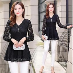 UHYTGF Womens Blouse Hollow Lace V-Neck Pullover Solid Wild Summer Shirt Elegant Female Clothing Chiffon 5XL Big Size Tops 2085