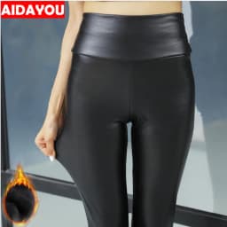 Leather Leggings Winter Fleece Lined Legging Fit High Stretchy Solid Good Elastic Slim Trousers Women OUC1705 Aidayou