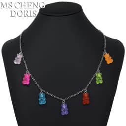 Handmade 7 Colors Cute Cartoon Bear Acrylic Chain Necklaces Candy Color Pendant For Women&Girl Daily Jewelry Party Gifts