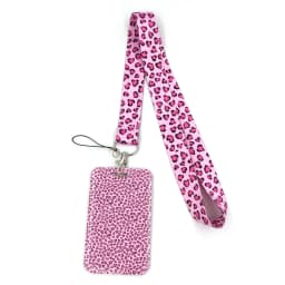 Pink Leopard Print Lanyard Credit Card ID Holder Bag Student Women Travel Card Cover Badge Car Keychain Decorations