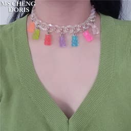 Handmade 7 Colors Cute Cartoon Bear Acrylic Chain Necklaces Candy Color Pendant For Women&Girl Daily Jewelry Party Gifts