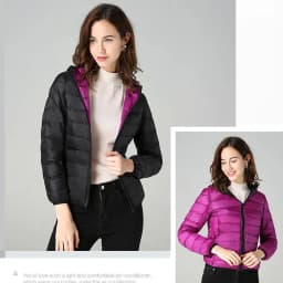 Women Ultra Light 90% Duck Down Jacket Hooded Jackets Long Sleeve Double Side Wear Reversible Lightweight Warm Coats