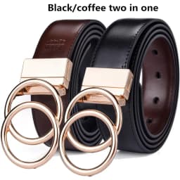 Women Reversible Leather Belt 2 in 1 Rotated 2 Rings Gold Buckle 3.4cm Wide Suitable for Pairing with Various Pants