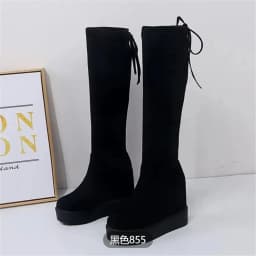 Autumn Winter Warm Wedges Knee High Boots Inner Increase Women's Round Toe Elastic Boots Long Tube Muffin Bottom Female Shoes