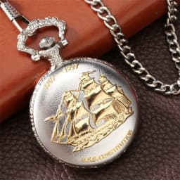 Golden Sailing Boat Design Quartz Pendant Pocket Watch Arabic Numerals Round Dial Silver Fob Pocket Clock
