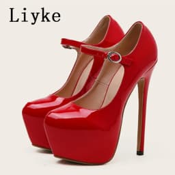 Liyke 2026 Spring Autumn Women Platform Pumps Black Round Toe Buckle Strap 17CM Super High Heels Pole Dance Shoes Stiletto Mujer