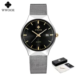 WWOOR Silver Men Watches with Mesh Steel Top Brand Luxury Ultra Thin Quartz Waterproof Date Business Wristwatch Box Montre Homme
