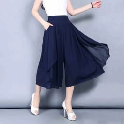 Elastic High Waist Slim Elegant Chiffon Capris Female Pants Skirts Women Summer Wide Leg Medium Long Leisure Loose Trousers