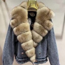 Denim Coat with Real Large Fox Fur Collar for Women, Furry Jacket, Fluffy Suit, Luxurious Brown and Yellow Coat, Winter Fashion