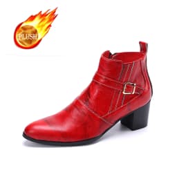 Autumn And Winter Pointed High heels Men's boots Tie a chain Rivet Belt buckle Thick heel Genuine Leather Thick heeled boots