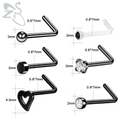 ZS 6-34pcs/Lot Heart Round Nose Piercing Ring Set Stainless Steel Crystal Nose Stud Pack L Shape Nose Nails Piercing Jewelry 20g