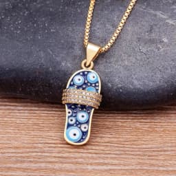 Nidin Mirco Pave CZ Rhinestone Enamel Slipper Pendant For Women Blue Evil Eye Necklace Chain Gold Plated Party Summer Jewelry