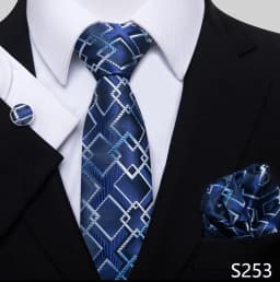 Newest Style Holiday Present 100% Silk Tie Pocket Squares Cufflink Set Necktie Men Dark Blue Wedding Accessories Office Cravat