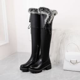 Low-Heel Round-Toe Faux Fur Over The Knee Boots Thick-Soled Lace-Up Side Zipper Street Punk Women’S Boots Warm Winter Boots