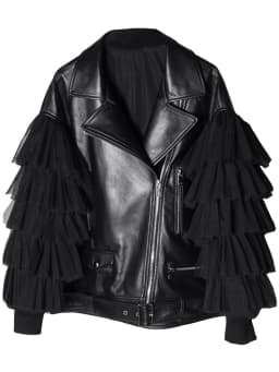 Lautaro Autumn Short Black Oversized Lace Patchwork Leather Biker Jacket Long Sleeve Loose Womans Clothing Fashionable Outerwear