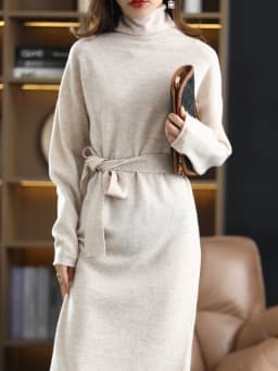 26 The New Pullover 100% Wool Ladies Dress Solid Color Long-Sleeved Knitted Fashion Slim Long High-Neck Cashmere Dress Sweate