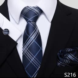 Newest Style Holiday Present 100% Silk Tie Pocket Squares Cufflink Set Necktie Men Dark Blue Wedding Accessories Office Cravat