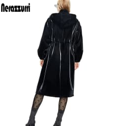 Nerazzurri Long Black Warm Oversized Shiny Patent Leather Trench Coat for Women, Long Sleeve Zip-Up Fall Fashion 2023 Windbreake