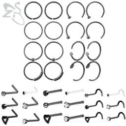 ZS 6-34pcs/Lot Heart Round Nose Piercing Ring Set Stainless Steel Crystal Nose Stud Pack L Shape Nose Nails Piercing Jewelry 20g