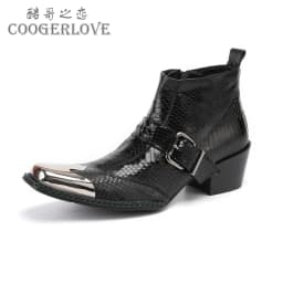 Men's Cowhide Serpentine Print Metal Decor Pointed Toe Belt High‑Heel Short Boots Western Cowboy Boots For Stage Show Party