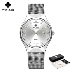 WWOOR Silver Men Watches with Mesh Steel Top Brand Luxury Ultra Thin Quartz Waterproof Date Business Wristwatch Box Montre Homme