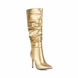 Metallic Bright Leather Color Ultra-High Stiletto Heel-Toe Knee-Length Boots Gun Color Short Plush Women's Boots Golden Pleated