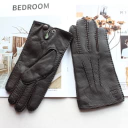 New hand-stitched touch screen leather men's deerskin gloves Wool knit lining black corrugated driving gloves