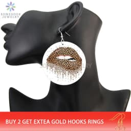 SOMESOOR Leopard Lips Whisper Wisdom Printed Wooden Drop Earrings Cute Girls Poppin Handmade Loops Dangle Jewelry For Women Gift