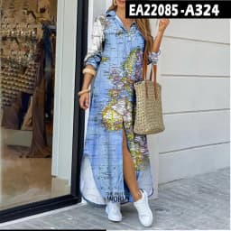 3D Cross-Border Women's Long Dresse Lapel Shirt World Map Pattern Printing Fashion Plus Size Maxi Dress Vestidos Womens Clothing