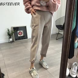 BGTEEVER Winter Thicken Women Pencil Pants Wool Pants Female Autumn High Waist Loose Trousers Capris Soft Good Fabric