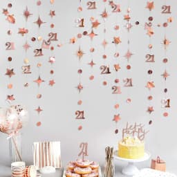 Rose Gold Happy Birthday Garlands Decorations Paper Circle Dots Star Hanging Streamer for 1st 16th 21st 30th 50th 70th Birthday