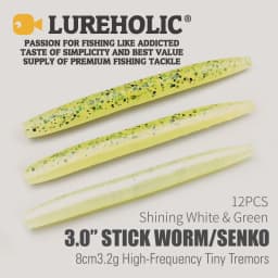 LUREHOLIC 3.0” Stick Worm Senko 12PCS 8cm 3.2g High-Frequency Tiny Tremors Wacky Drop Shot Soft Lure Bait