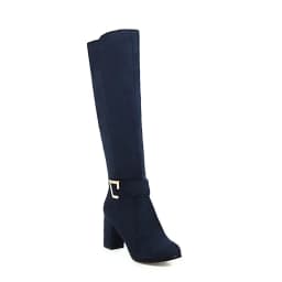 Oversized Cow Suede Thick-Heeled Knee-Length Boots With Metal Buckle Nubuck Leather High-Heeled Fashionable Round-Toe Navy Blue