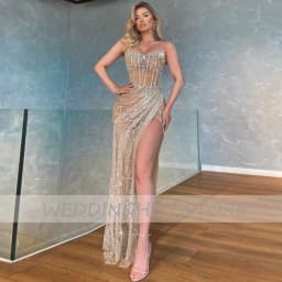 Customized Luxury Evening Dresses Gorgeous Bead Strapless Long Party Gowns Side Split Floor Length Illusion Sexy Pageant Dress