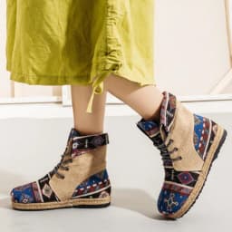 Spring Women Hemp Ankle Boots High-Cut Lace-Up Patchwork Leisure Shoes Ladies Retro Embroidered Short Booties Flat Heel Sneakers