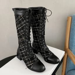 Plush Thick High-Heeled Cross-Lace Knight Boots Checkerboard Woven Tweed Lattice Imported Pattern Stitching PU Knee Boots