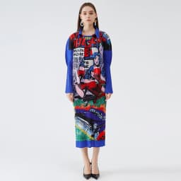 Miyake Pleated Two Piece Set Romantic Creativity Fashion Jacket Shirt Women Designer Art Hand Painted Coat Sleeveless Vest Dress