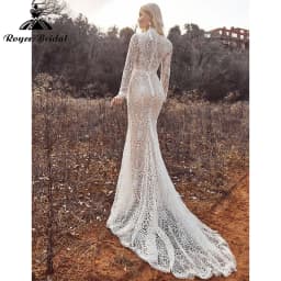 Mermaid Boho Beach Wedding Dresses with Back Buttons Lace High Neck Floral Print Long Sleeve Vestidos De Novia Customized 2025